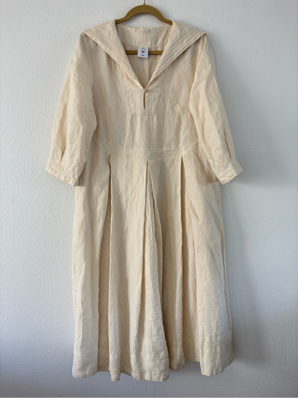 Son De Flor Linen Sailor Collar Dress S/M Cream Long Sleeves Luxury Box Pleats